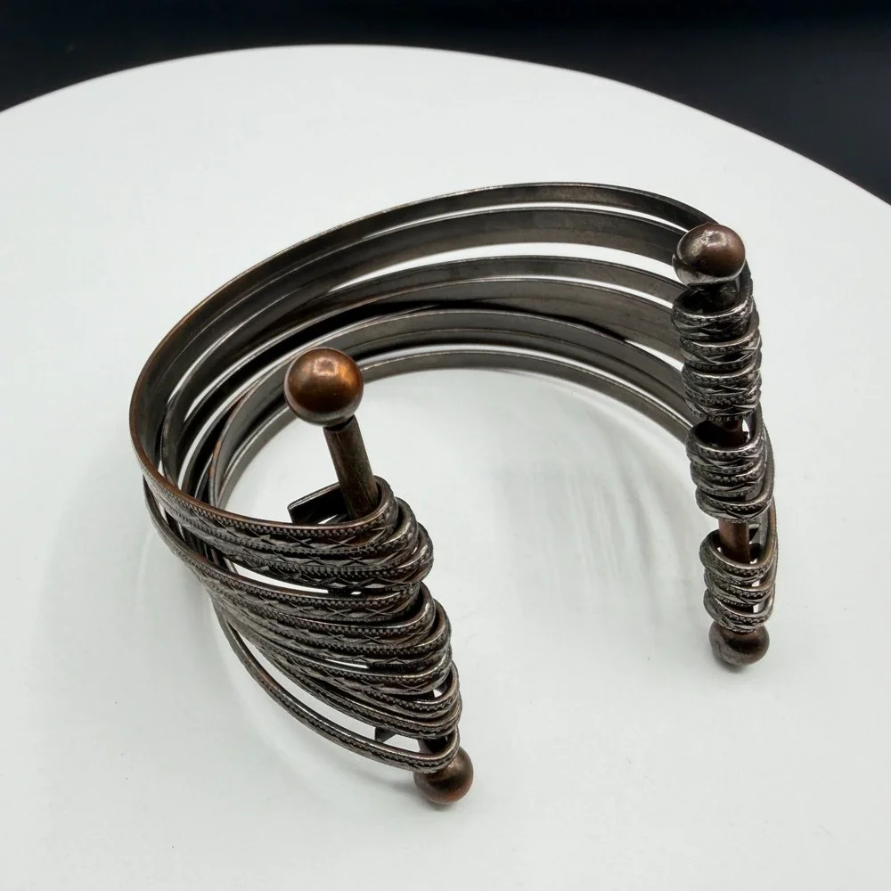 Silver Tone Wide Multi Band Cuff Bracelet Etched Boho Statement Open Bangle Gift